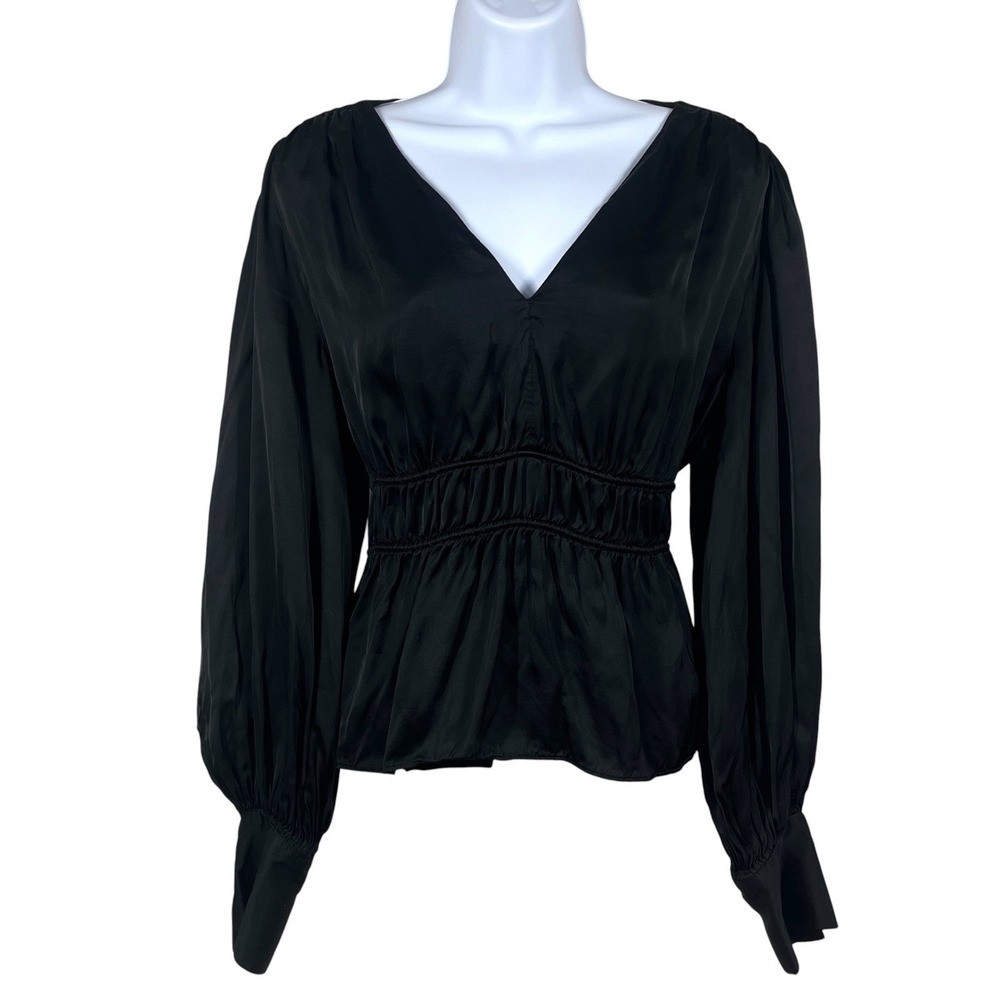 Madewell Satin Balloon Sleeve Peplum Top Size 12 Black Dark Feminine Witchy Goth
